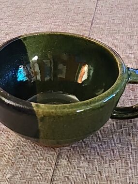 Studio Pottery Two-tone Black And Green Glazed Gravy Bowl with Spout And Handle